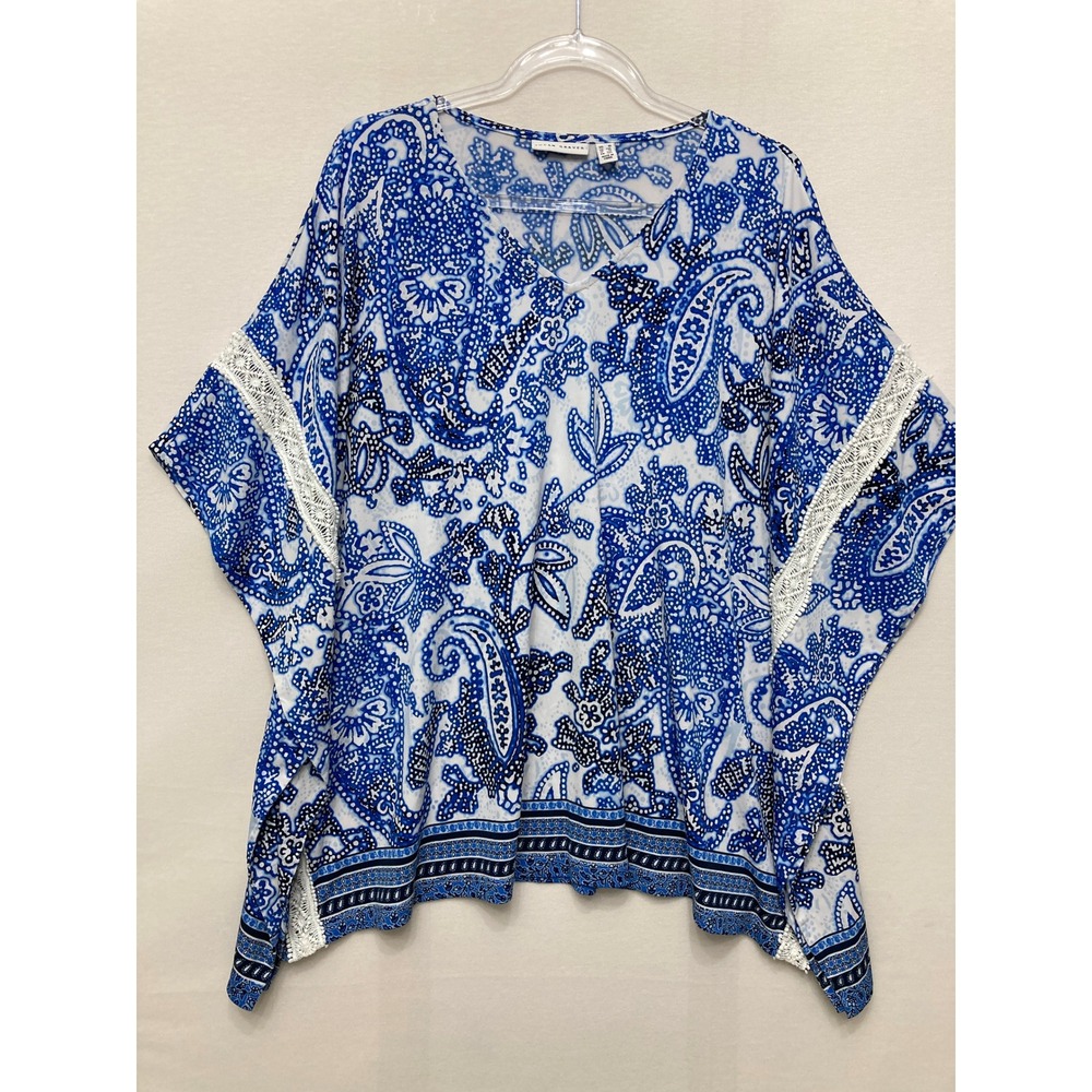 Susan Graver Poncho Top 1X Blue Paisley Crochet Trim Boho V-Neck Blouse